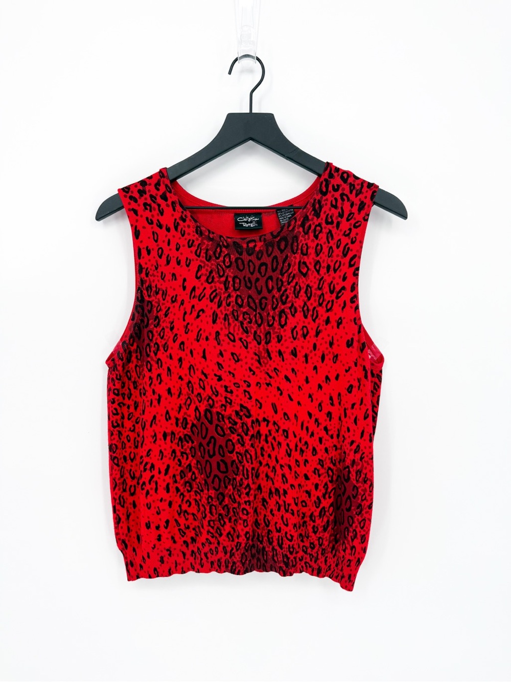 Vintage Christine Rotelli Silk Blend Leopard Print Knit Tank Top Red Black XL